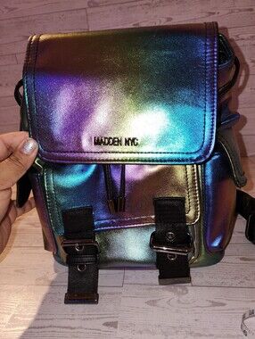 Madden NYC Iridescent Mini Backpack | Holographic Metallic Drawstring Bag